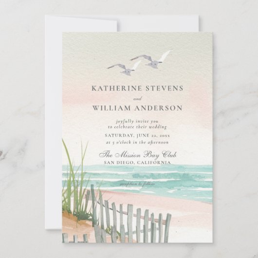2シーグルス海ビーチフェンスアートエレガントウェディング 招待状 (正面)