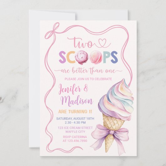2スクオプスアイスクリームコケットツインズ誕生日 招待状 (正面)