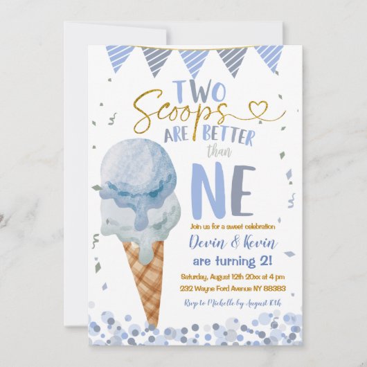 2スクオプスアイスクリームツインボーイズサマー誕生日 招待状 (正面)