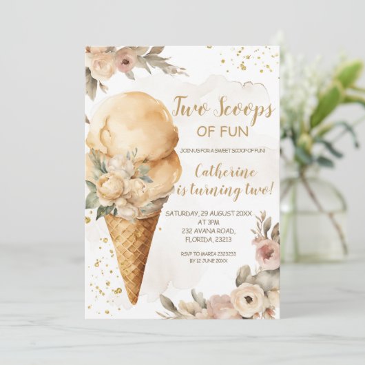 2スクープのおもしろいベージュフローラ2nd誕生日パーティー 招待状 (スタンド正面)