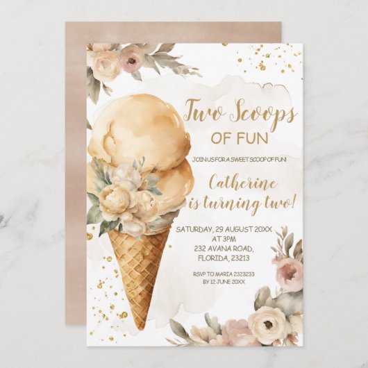 2スクープのおもしろいベージュフローラ2nd誕生日パーティー 招待状 (正面/裏面)