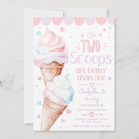 2スクープ双子アイスクリームバースデーパーティー 招待状 (正面)