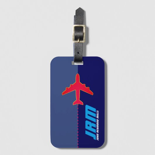 2トーンブルーの赤い飛行機モノグラムの ラゲッジタグ (正面縦)