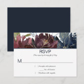 #2ネイビー素朴ブルゴーニュ金ゴールドウォーター色フローラトップ 出欠カード (正面/裏面)