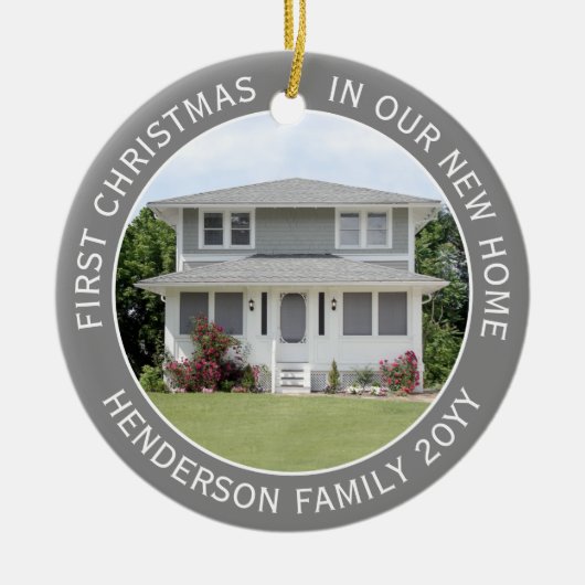 2ハウスフォトファーストクリスマスニューホームグレーと白 セラミックオーナメント (正面)