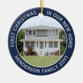 2ハウスフォトファーストクリスマスニューホームネイビーブルーホワイト セラミックオーナメント (正面)