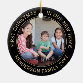 2ハウス写真ファーストクリスマスニューホームブラック&金ゴールド セラミックオーナメント (裏面)