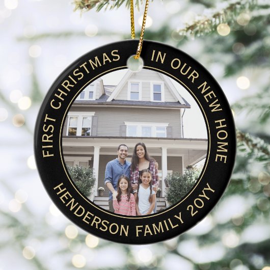 2ハウス写真ファーストクリスマスニューホームブラック&金ゴールド セラミックオーナメント