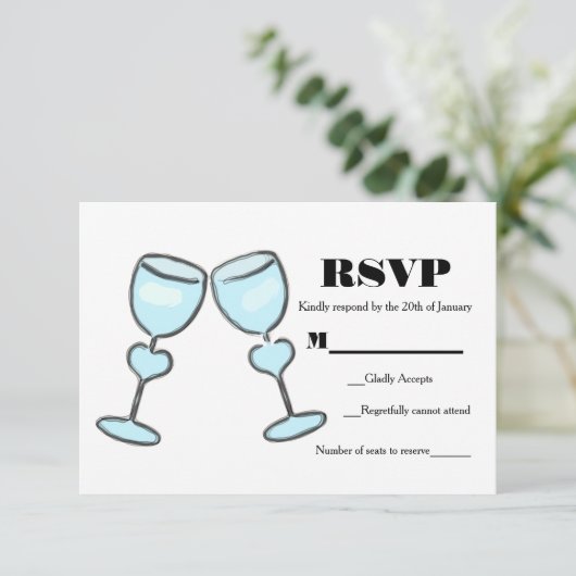 2ハートワイングラスブライダルシャワーウェディングRSVP 出欠カード (スタンド正面)