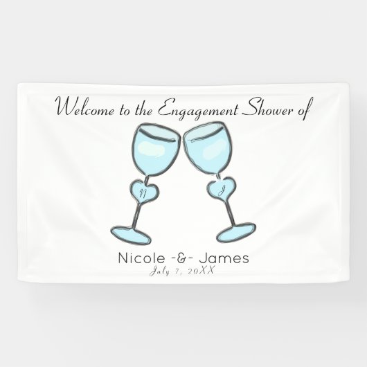 2ハートワイングラスブライダルシャワー婚約 横断幕 (横)