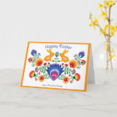 🐰2バニー、オレンジ色の復活祭の民俗学 カード (黄色い花)