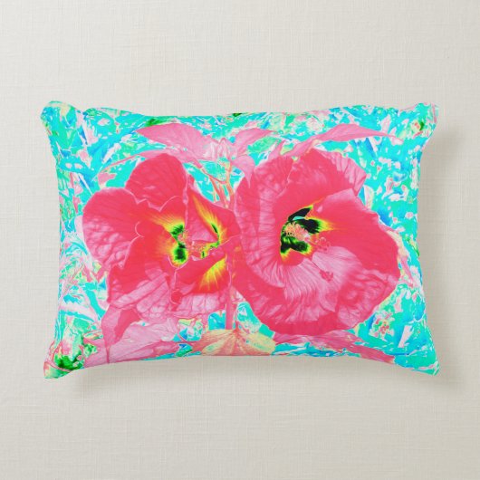 2バラ色の赤いサンゴ梅熱狂するハイビスカスオンアクア アクセントクッション (正面)