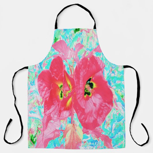 2バラ色の赤いサンゴ梅熱狂するハイビスカスオンアクア エプロン (正面)