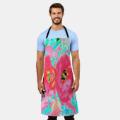2バラ色の赤いサンゴ梅熱狂するハイビスカスオンアクア エプロン (着用した状態)