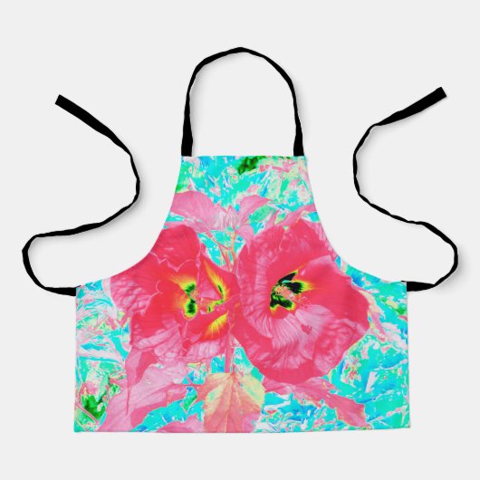 2バラ色の赤いサンゴ梅熱狂するハイビスカスオンアクア エプロン (正面)