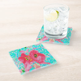 2バラ色の赤いサンゴ梅熱狂するハイビスカスオンアクア ガラスコースター