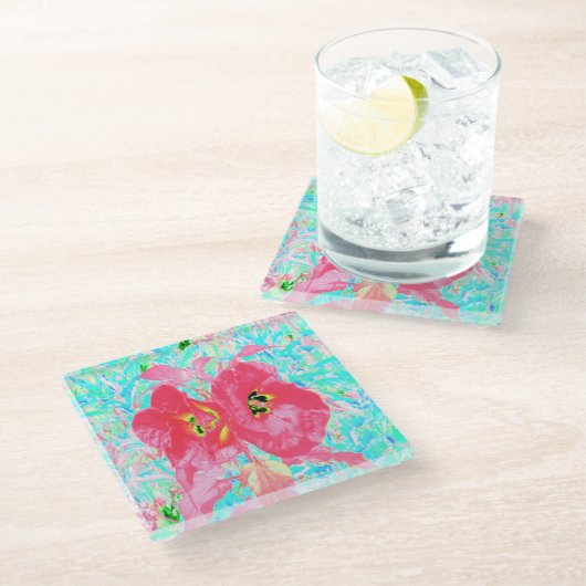 2バラ色の赤いサンゴ梅熱狂するハイビスカスオンアクア ガラスコースター (アングル)