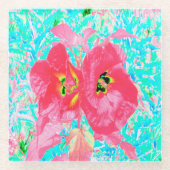 2バラ色の赤いサンゴ梅熱狂するハイビスカスオンアクア ガラスコースター (正面)