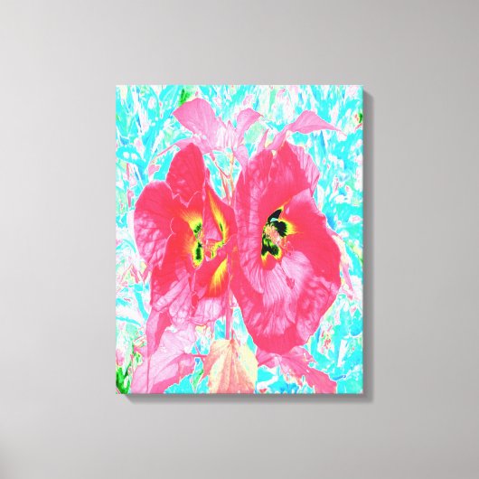 2バラ色の赤いサンゴ梅熱狂するハイビスカスオンアクア キャンバスプリント (正面)