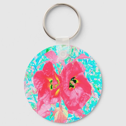 2バラ色の赤いサンゴ梅熱狂するハイビスカスオンアクア キーホルダー (正面)
