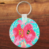 2バラ色の赤いサンゴ梅熱狂するハイビスカスオンアクア キーホルダー (正面)