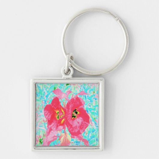 2バラ色の赤いサンゴ梅熱狂するハイビスカスオンアクア キーホルダー (正面)