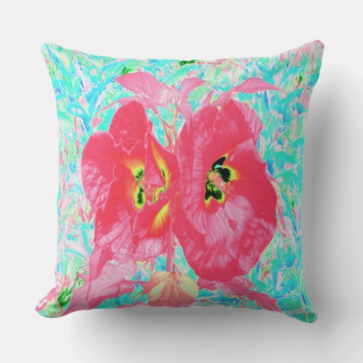 2バラ色の赤いサンゴ梅熱狂するハイビスカスオンアクア クッション (正面)