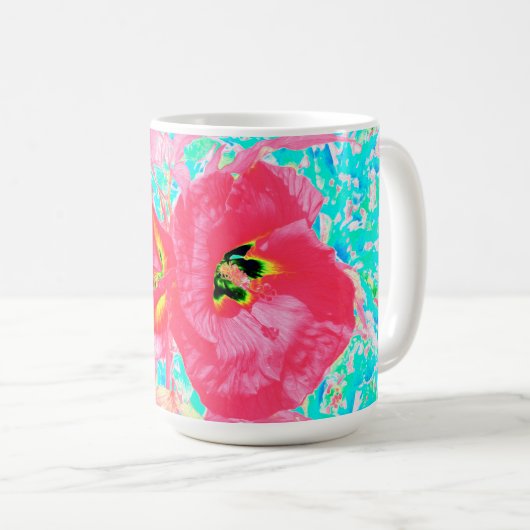 2バラ色の赤いサンゴ梅熱狂するハイビスカスオンアクア コーヒーマグカップ (正面右)