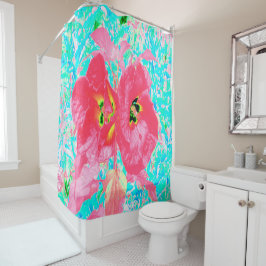 2バラ色の赤いサンゴ梅熱狂するハイビスカスオンアクア シャワーカーテン