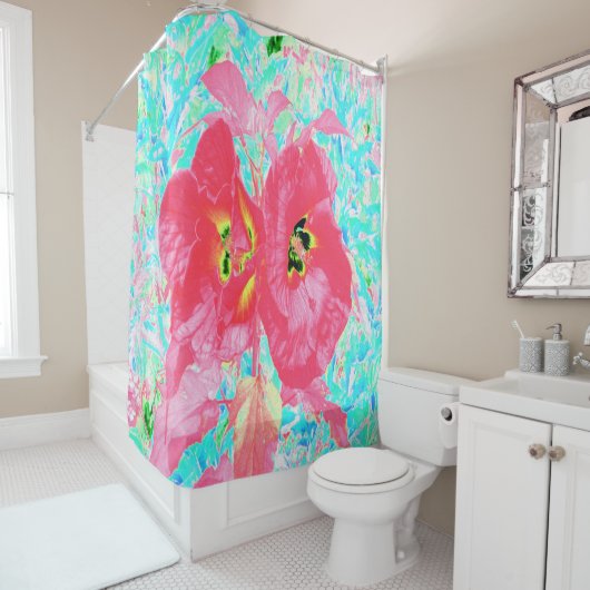2バラ色の赤いサンゴ梅熱狂するハイビスカスオンアクア シャワーカーテン (インサイチュ)