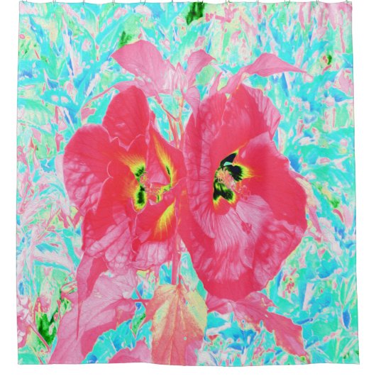 2バラ色の赤いサンゴ梅熱狂するハイビスカスオンアクア シャワーカーテン (正面)