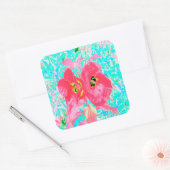 2バラ色の赤いサンゴ梅熱狂するハイビスカスオンアクア スクエアシール (封筒)