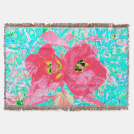 2バラ色の赤いサンゴ梅熱狂するハイビスカスオンアクア スローブランケット