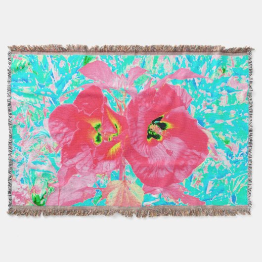 2バラ色の赤いサンゴ梅熱狂するハイビスカスオンアクア スローブランケット (正面)