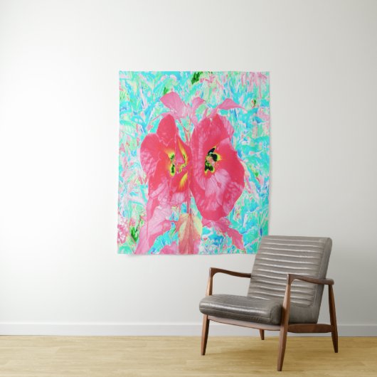 2バラ色の赤いサンゴ梅熱狂するハイビスカスオンアクア タペストリー (インサイチュ)