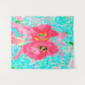 2バラ色の赤いサンゴ梅熱狂するハイビスカスオンアクア タペストリー (正面(横))