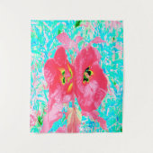 2バラ色の赤いサンゴ梅熱狂するハイビスカスオンアクア タペストリー (正面)