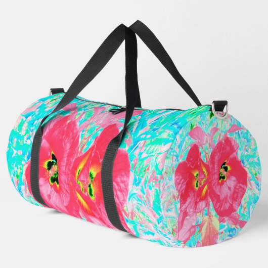 2バラ色の赤いサンゴ梅熱狂するハイビスカスオンアクア ダッフルバッグ (左コーナー)