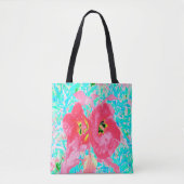 2バラ色の赤いサンゴ梅熱狂するハイビスカスオンアクア トートバッグ (正面)