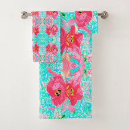 2バラ色の赤いサンゴ梅熱狂するハイビスカスオンアクア バスタオルセット