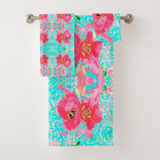 2バラ色の赤いサンゴ梅熱狂するハイビスカスオンアクア バスタオルセット (インサイチュ)