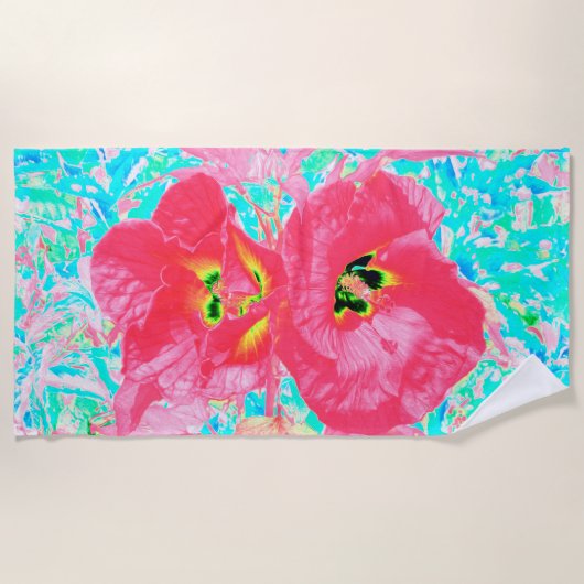 2バラ色の赤いサンゴ梅熱狂するハイビスカスオンアクア ビーチタオル (正面)