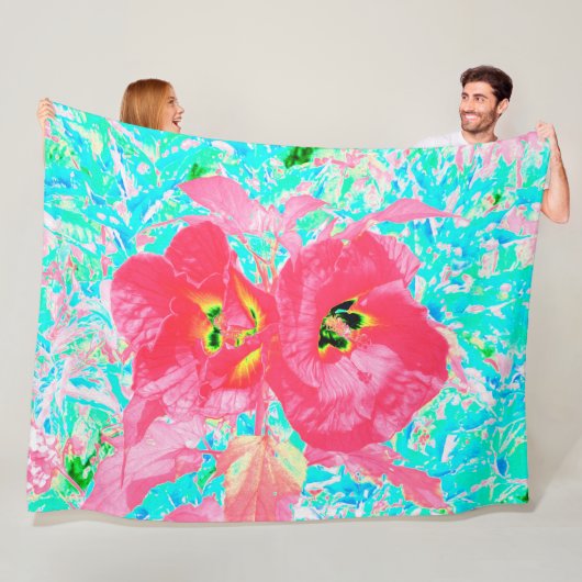 2バラ色の赤いサンゴ梅熱狂するハイビスカスオンアクア フリースブランケット (インサイチュ)