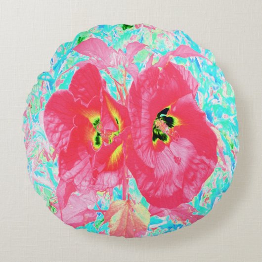 2バラ色の赤いサンゴ梅熱狂するハイビスカスオンアクア ラウンドクッション (正面)
