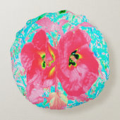 2バラ色の赤いサンゴ梅熱狂するハイビスカスオンアクア ラウンドクッション (裏面)