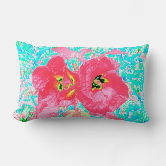 2バラ色の赤いサンゴ梅熱狂するハイビスカスオンアクア ランバークッション (正面)