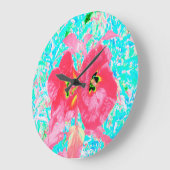 2バラ色の赤いサンゴ梅熱狂するハイビスカスオンアクア ラージ壁時計 (傾斜)