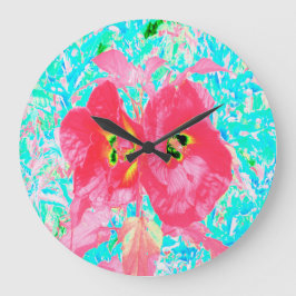 2バラ色の赤いサンゴ梅熱狂するハイビスカスオンアクア ラージ壁時計