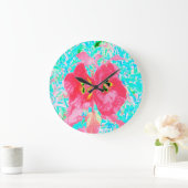 2バラ色の赤いサンゴ梅熱狂するハイビスカスオンアクア ラージ壁時計 (ホーム)