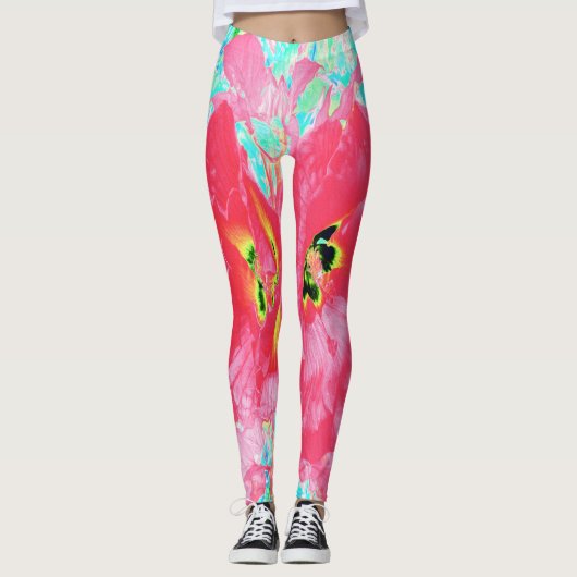 2バラ色の赤いサンゴ梅熱狂するハイビスカスオンアクア レギンス (正面)